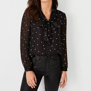 Ann Taylor Black Shimmer Dotted V-Neck Button Down Bow Blouse
